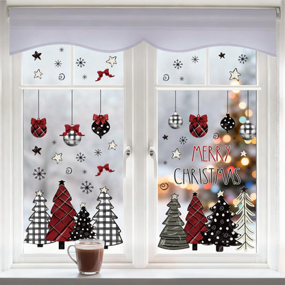 Whaline 9 Sheets Merry Christmas Window Clings Red Black Xmas Tree Ball Snowflake Window Stickers Plaid Polka Dot Design Double-Side Glass Decals for Home Party Decorations, 7.9 x 11.8 Inch