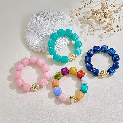 sunglnl Chunky Beaded Bracelets for Women, Boho Resin Vibrant Color Stretch Large Beads Summer Beach Statement Jewelry Gift (Gold Dark Blue)