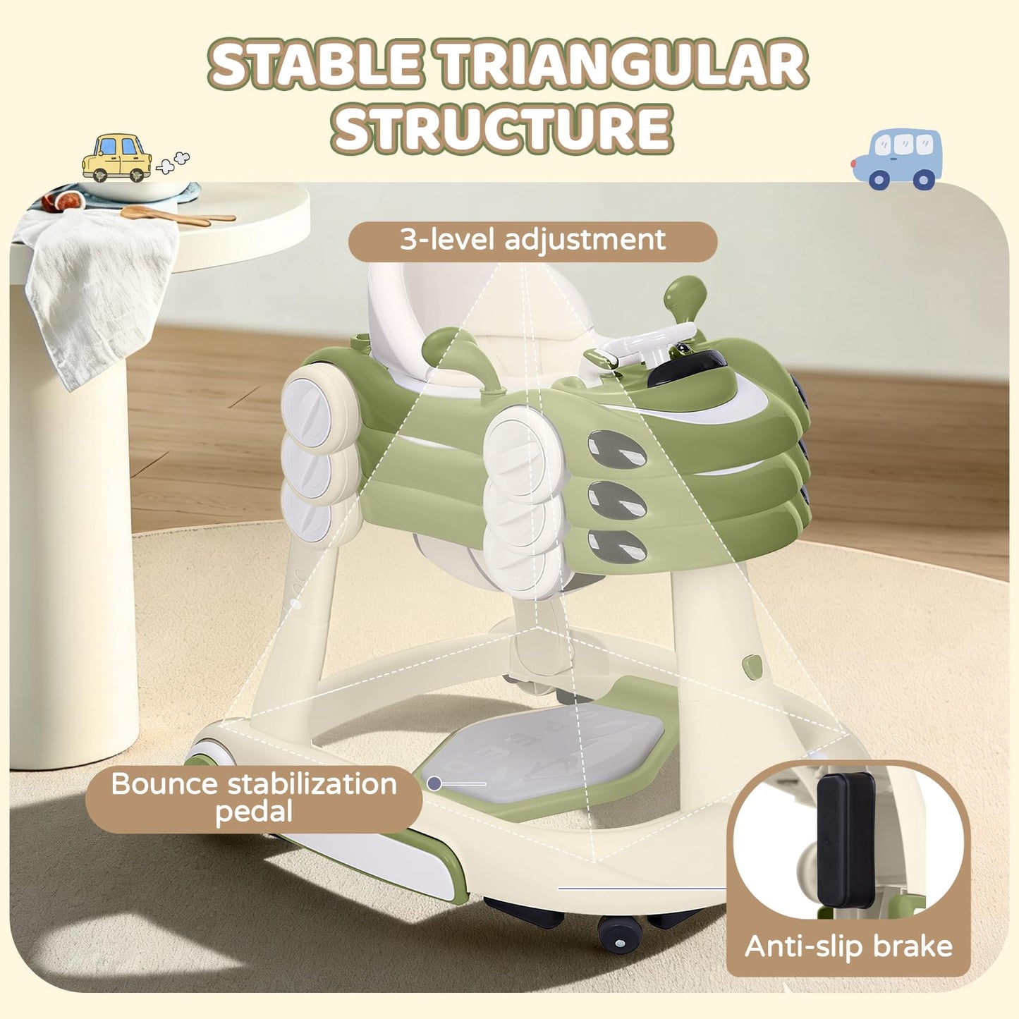 Baby Walker with Wheels, 5-in-1 Foldable Infant Toddler Walker for Boys Girls 6-18 Month, Music Walker for Baby with Car Steering Wheel &Removable Footrest,Baby Push Walker Green