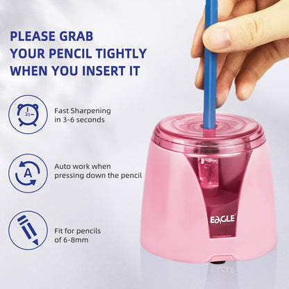 Eagle Electric Pencil Sharpener, Battery Powered, Large Shaving Holders, Carbon Steel Blades, Portable, Reusable and Replaceable Blade, Suitable for Kids, Home, School and Office use (Pink)