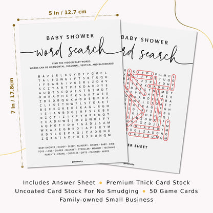 GardenCity 50 Baby Shower Word Search Game Cards, Fun Baby Shower Games for Boy or Girl, Gender Neutral - Minimalist