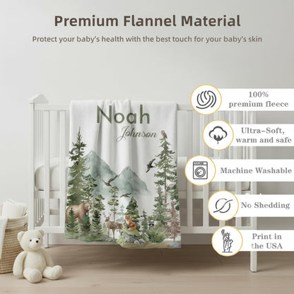 Personalized Woodland Baby Blanket with Name, Custom Name Blanket for Boy, Printed in USA, Super Soft Blankets for Newborn, Customized Gifts for Baby Shower Birthday Christmas