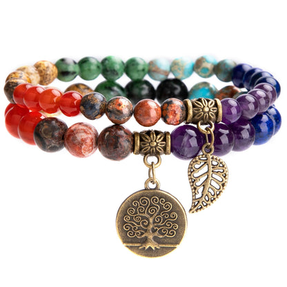 Bivei Beaded Bracelets Tree of Life and Leaf Charm Yoga Meditatoin Healing Crystal Chakras Bracelets Natural Semi Precious Gemstone Beads Stretch Bracelet for Women Anxiety Energy Relief(7 Chakra)