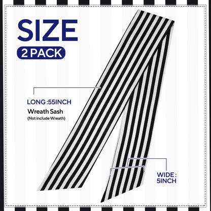 2 Pack Boxwood Wreath Sash Garland for Front Door Porch Decor (Black and White Stripe)