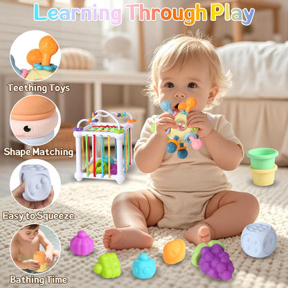 6-in-1 Montessori Baby Toys for 6-12-18 Months, Fun Infant Toys with Shape Sorter Sensory Bin, Stacking Rings, Bath Toys,Soft Fruit, Learning Developmental Toys Gifts for 1 2 3 Year Old Boys Girls
