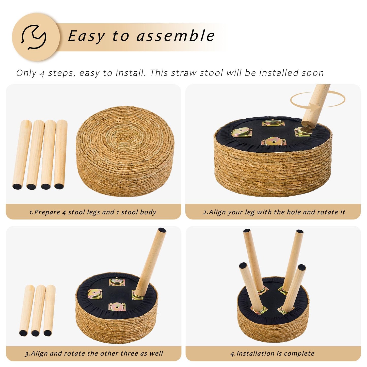 LGENHOOM Handwoven Outdoor Ottoman, Water Hyacinth Pouf Round Patio Footstool with Wood Legs, 17-Inch Multipurpose Vanity Stool, Dining Chair, Patio Footrest for Balcony and Garden, Green