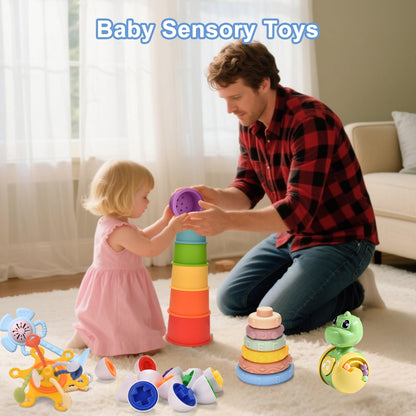 Montessori Baby Toys 6-9 12-18 Month,7-in-1 Sensory Infant Teething Toys for 6-12 Month,Stacking Blocks Cups Ring Matching Eggs Pull String Suction Cup Toy for Babies 6-12+ Months,1 Year old Baby Gift