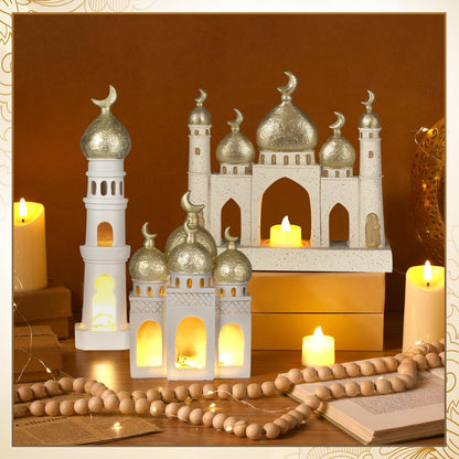 Bucherry 3 Pcs Eid Mubarak Decorations Gold and White Decorative Mosque Tower Ornaments for Home Display Islamic Gift Eid Mubarak Ramadan Table Decor for Muslim Party