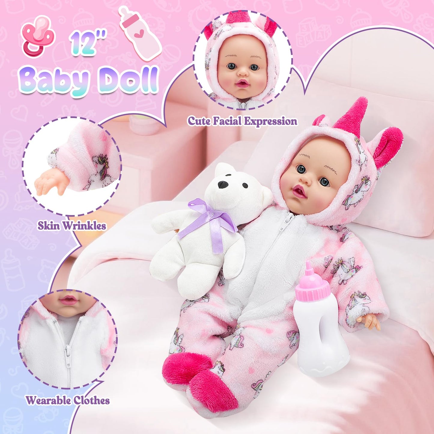 deAO 12 Inch Soft Baby Doll Backpack Glow in Dark Carrier Playset Toys Baby Care Toys Set with 12''Doll Clothes Bottle Accessories Birthday Gift for Toddlers Boys Girls