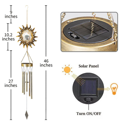 Yonxuleo Sun Solar Wind Chimes for Outside Lights Prefert Gifts for Mom Wife Unique Crackle Glass LED Warm Light Outdoor Hanging Decor Windchimes for Garden Yard Patio Christmas Birthday Mothers Day
