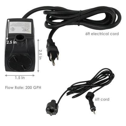 Sunnydaze 200 GPH Submersible Water Pump – 12W, 12V Small Fountain Pump with Adjustable Flow, White LED Light & Transformer for Outdoor Fountains, Bird Baths, Aquariums