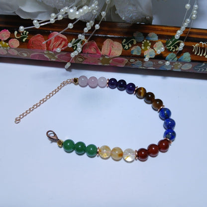 7 Chakra Bracelet (Tiger's Eye, Citrine, Aventurin, Amethyst, Lapis Lazuri, Quartz, Red Jasper, Ring Hematit) Adjustable Chain & Elastic Cord Beaded Bracelet (Durable and Comfortable)