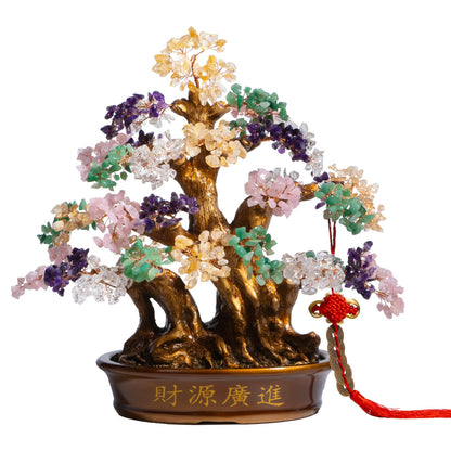 GEMBOURY Natural Bonsai Feng Shui Money Tree, 18'', Includes Lucky Coins Chain, Tree of Life (1300 Gemstone Count), Good Luck and Wealth