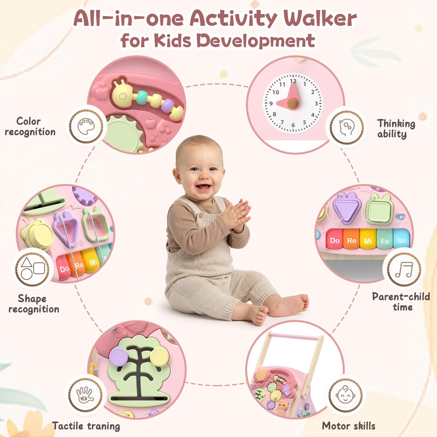 2 in 1 Wooden Baby Walker and Activity Center for Girls Boys Sit-to-Stand Learning Toy Kids Montessori Educational Push Toys with Music Detachable Busy Keyboard for Toddlers