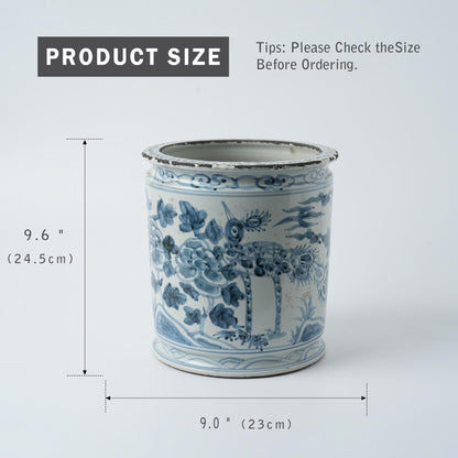 Antique Hand-Painted Flower and Bird Porcelain Pen Holder Old Style Ceramic Planter 9.7 Inch Large Plants Vase Blue & White Porcelain Silla Flower Plant Pots (Sky Blue)