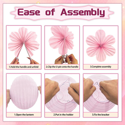 Pink Party Decorations, 18Pcs Hot Pink Hanging Paper Lanterns & Flower Fans 8"-14" for Girls Birthday, Bridal Shower, Wedding, Bachelorette, Girls Night, Graduation Party Decor