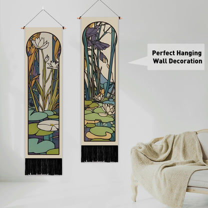 PLIGREAT 2 Pack Mucha Pond Style Tapestry Vertical Art Lotus Wall Hanging with Tassels Aesthetic Wall Tapestry for Bedroom Bathroom Living Room Long Narrow Home Art Decor, 52"x13"