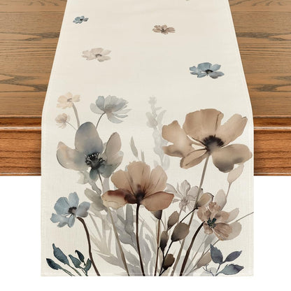 Artoid Mode Brown Poppy Floral Leaves Spring Table Runner, Seasonal Summer Kitchen Dining Table Decoration for Home Party Decor 13x108 Inch