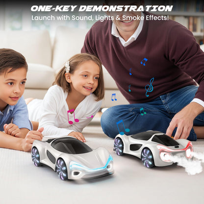 SIMREX Gesture Sensing Remote Control Car with Charging Dock - 360° Rotate Drift RC Stunt Car Toy, 40 Min Playtime, Dual Control, Spray Mist & LED Lights, Birthday Gift for Kids Boys Girls（White）