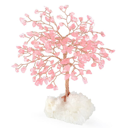 MASGEMES Gemstone Crystal Tree of Life,Natural Rose Quartz Clear Quartz Cluster Base,Healing Crystal Positive Energy Bonsai Feng Shui Money Tree Home Decor for Luck and Wealth 5.5"-6.3"