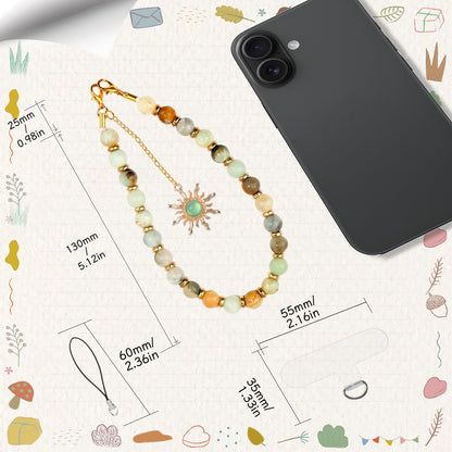 LuneClat Natural Stone Phone Wrist Strap for Women - Golden Sun Beaded Healing Phones Charm for Camera Keychain Decor, Handmade Cellphone Chain Lanyard with Tether Tab