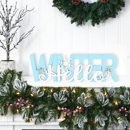 COCHIE Wooden Hello Winter Sign, Holidays Snowflake Decorations for Home, Office, Shelf, Mantel, Indoor, Wood White Snowflake Decor, Blue Table Top Party Supplies Decoration (Winter)