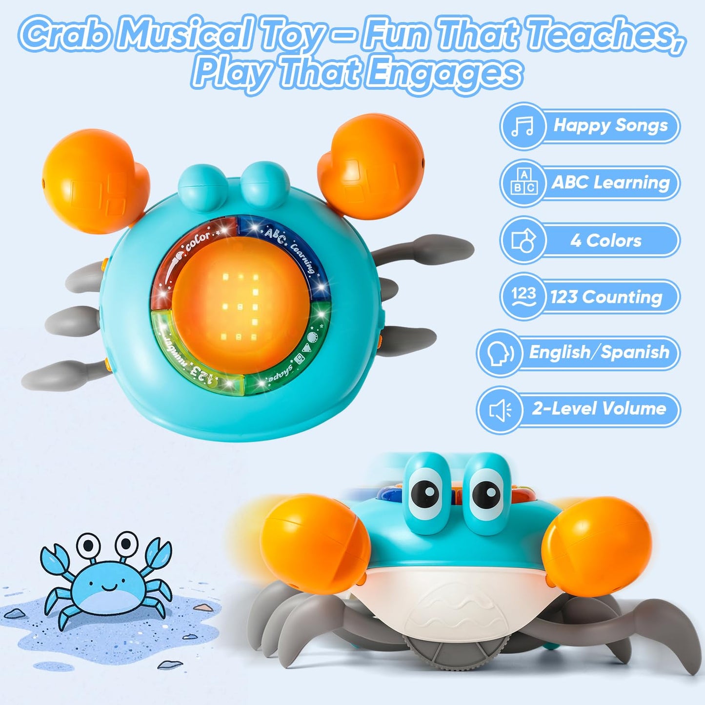 Crab Tummy Time Toys for 1 Year Old Kids, Light-up Dancing Musical Crawling Crab Baby Toy, Early Educational Tummy Time Baby Toys for 6-12 Months Toddlers, Boys and Girls 1st Birthday Gift.(Blue)