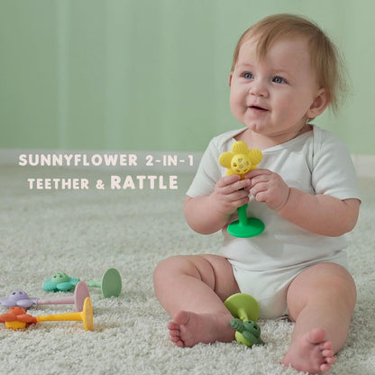 Baby Teething Toys 3-6 Months, Teether and Sensory Rattle for Babies 0-6 Months, Food Grade Silicone Teethers 6-12 Months, Infant Teething Relief Chew Toys, Sunnyflower Teether Toy BPA Free - Yellow