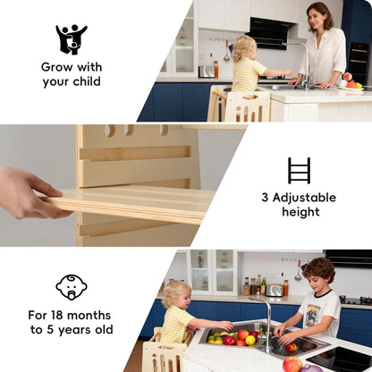 Toddler Tower,Height-Adjustable Step Stool with Sliding Safety Door,Easy to Adjust Height,Suitable for Kids from 18 Months to 5 Years Old,Anti-tilt Kitchen Step Stool with Safety Feet-Natural