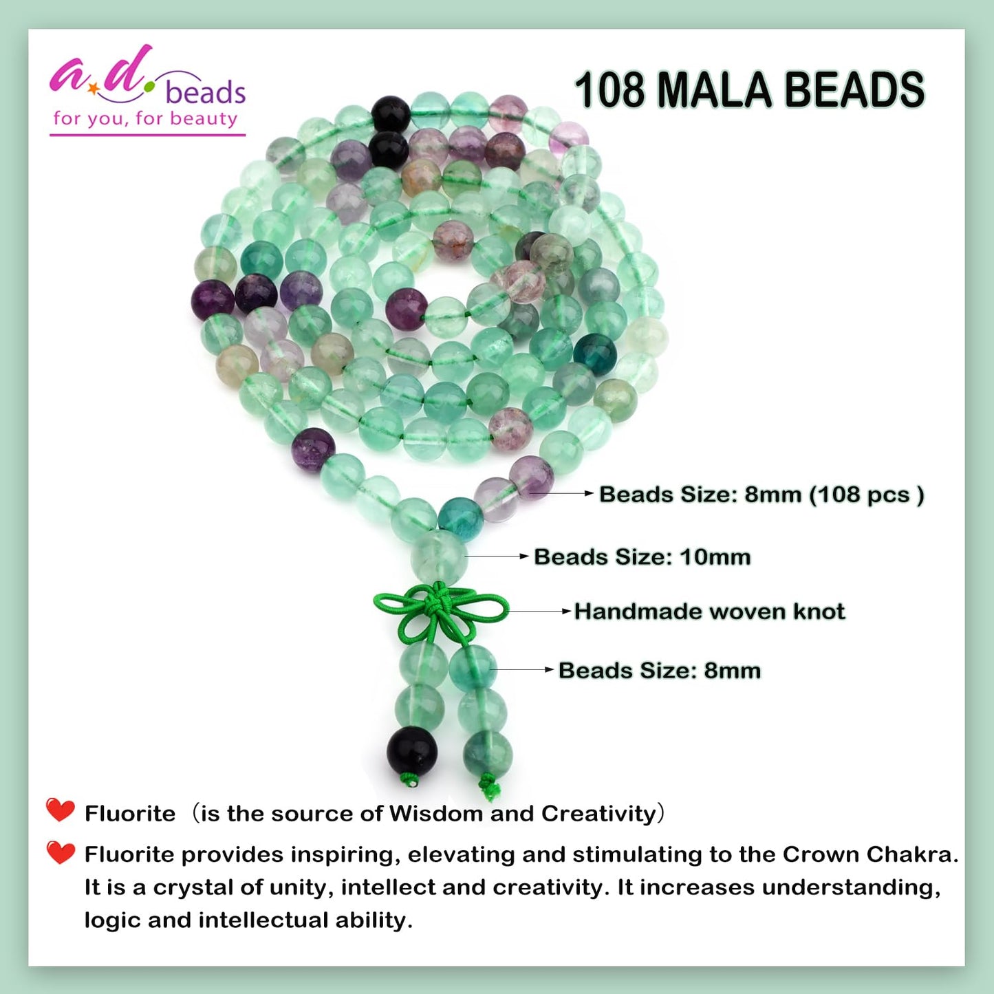AD Beads 8mm 108 Prayer Mala Fluorite Elastic Bracelet - Wisdom and Creativity - Handmade Yoga Meditation Healing Power Energy Gifts for Unisex Adult.