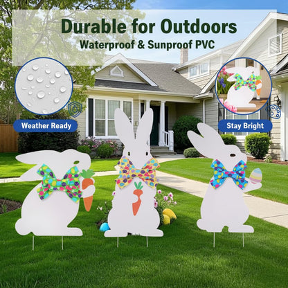 3PCS Easter Outdoor Decoration Bunny Yard Signs with Metal Stakes Waterproof Spring Welcome Sign for Party, Lawn, Garden Home Decor