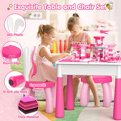 OCATO Kids Toddler Table and Chair Set: Water Table Activity Tables with 152Pcs Large Marble Run Building Blocks 2 Rabbit Chairs Storage All in One Play Sensory Sand Tables 3-6 Year Old Girl Toy Gift