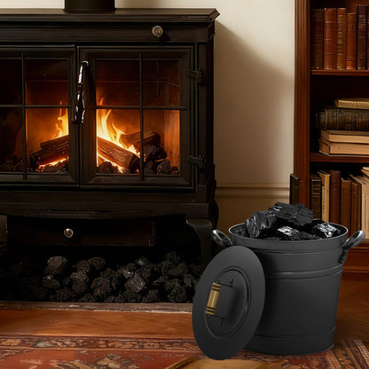 Tangkula 3 Gallon Ash Bucket with Lid, Galvanized Metal Coal Ash Cleaning Can w/Mango Wood Handle & Dual Side Handles, Indoor & Outdoor Fireplace Tool Ash Pail for Fire Pits Wood Burning Stoves