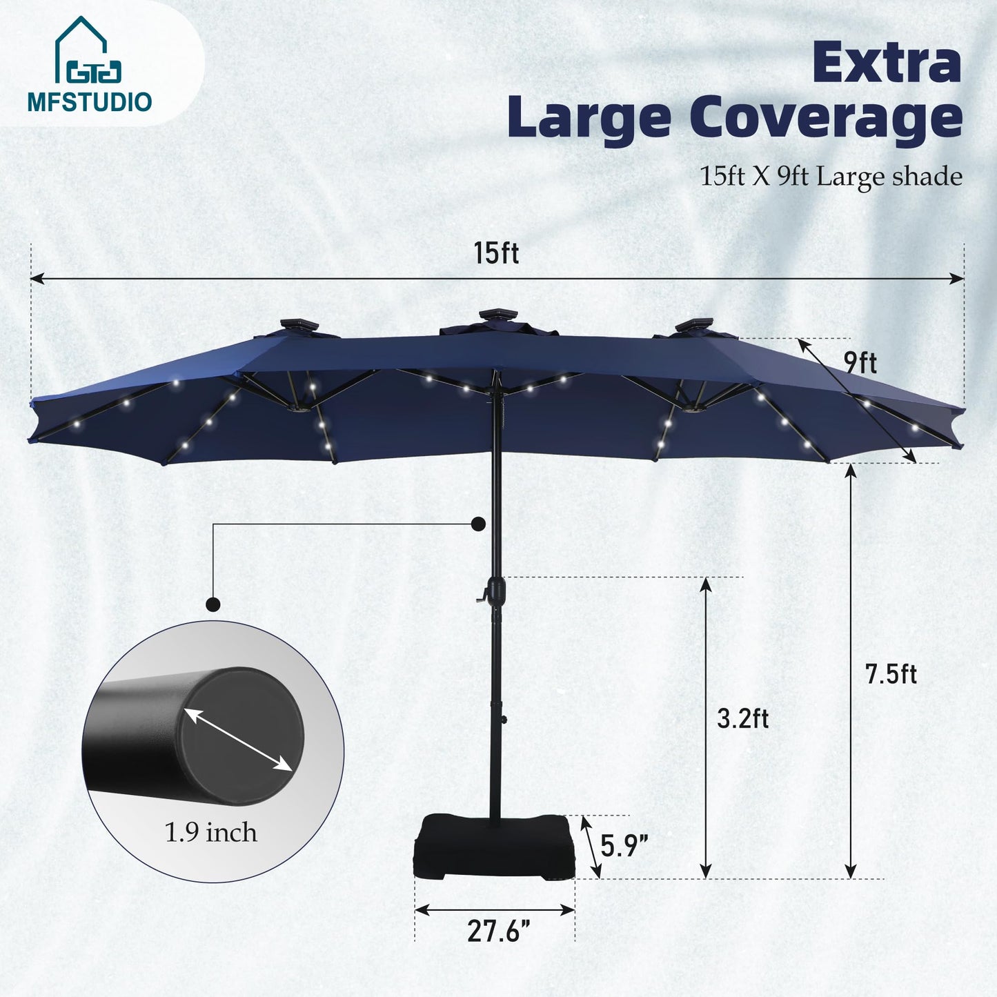 MFSTUDIO 15ft Double Sided Patio Umbrella with Solar Lights, Outdoor Large Umbrellas with Crank Handle and 36 LED Lights, Rectangular Market Umbrella with Base Included for Deck Pool Shade, Navy Blue