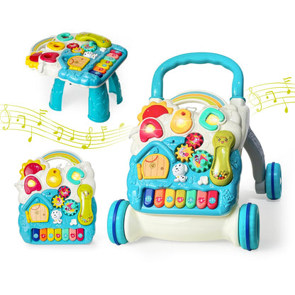 Sit to Stand Baby Walker, Activity Center with Music and Light, Activity Table for Toddlers, Push Toys for Babies Learning to Walk, Early Education Toys for Infant Boys Girls 6 Months Up (Blue)