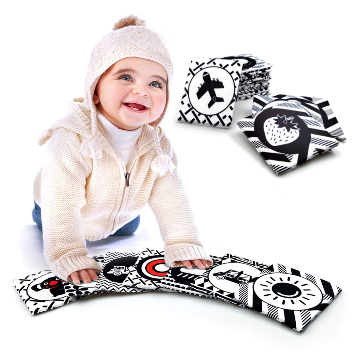 Black White Soft Flash Cards with Cloth Storage Bag for Baby and Infant, High Contrast Newborn Toys for 0 3 6 9 12 Months Boys and Girls, Gifts for Baby Shower（24PCS）
