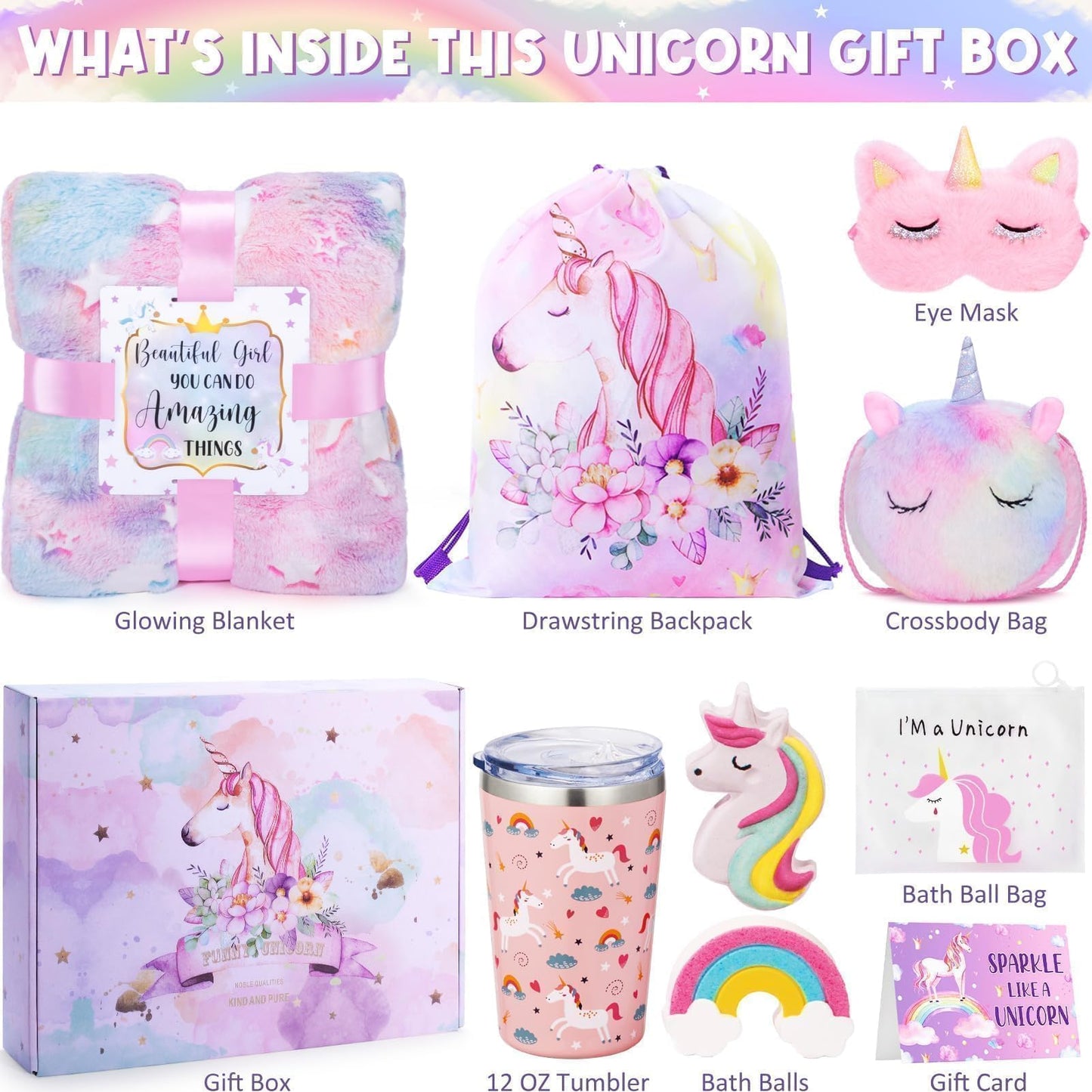 Unicorn Gifts for Girls 4-6 6-8, Birthday Easter Gifts Set for Girls Age 4 5 6 7 8 9+ Year Old Tween Teen Girl Trendy Stuff Kids Unicorn Toys with Glow in The Dark Blanket Purse for Daughter Niece