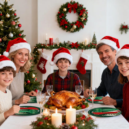 102 Pcs Christmas Tree Paper Plates and Napkins Party Decorations Merry Christmas Banner Disposable Tablecloth Dinnerware Set Red and Green Xmas Tree Party Supplies Winter Snowflake Holiday Ornament