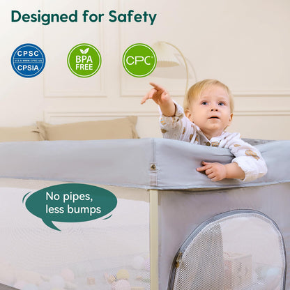 Babelio Foldable Baby Playpen with Mat, 46" × 46" Portable Playard for Babies and Toddlers, Parents' Picks Awards Winner, Indoor & Outdoor Kids Safety Play Pen Area, Travel Fence, Grey