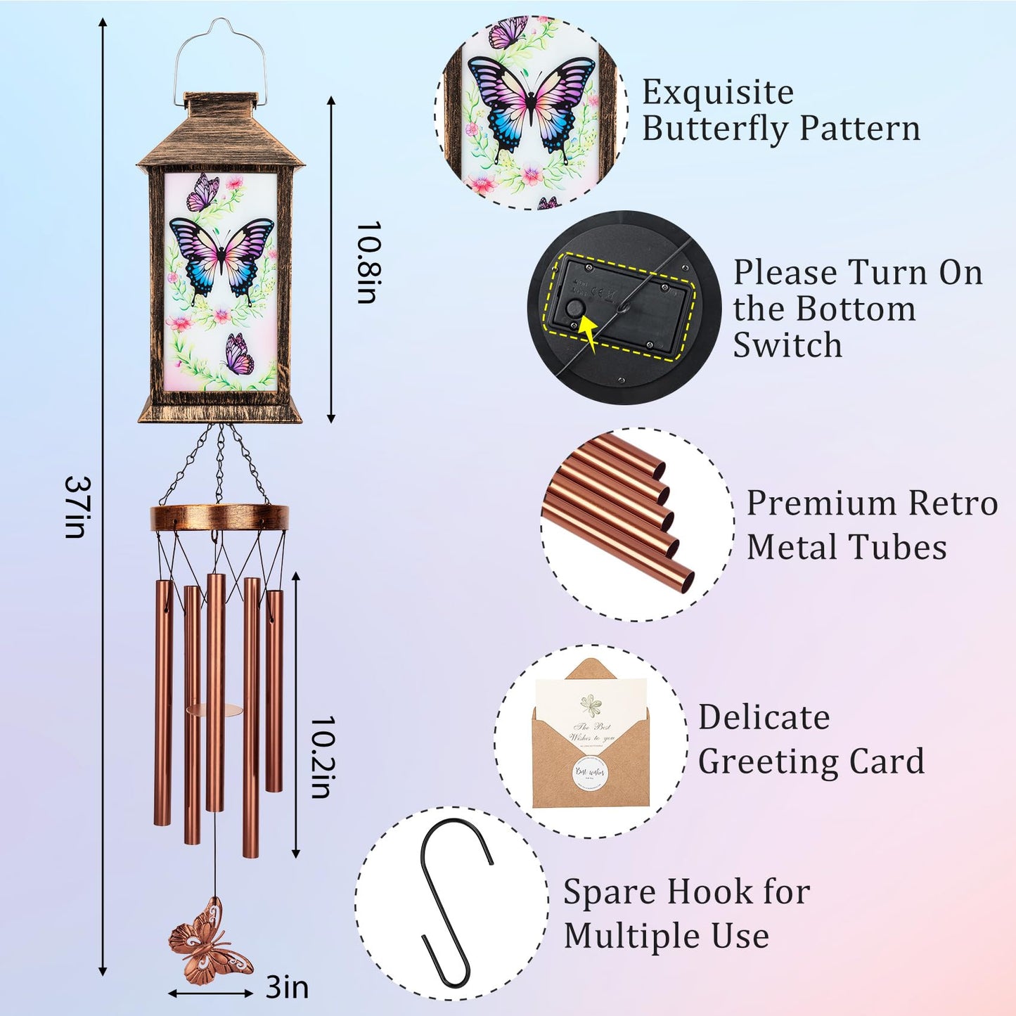 YHmall Wind Chimes for Outside, 37" Hanging Solar Windchimes Outdoors Memorial Butterfly Gifts for Women Mom Grandma, Solar Lanterns Wind Chimes for Home Patio Yard Garden Decor