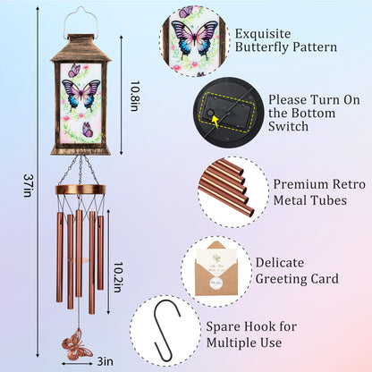 YHmall Wind Chimes for Outside, 37" Hanging Solar Windchimes Outdoors Memorial Butterfly Gifts for Women Mom Grandma, Solar Lanterns Wind Chimes for Home Patio Yard Garden Decor