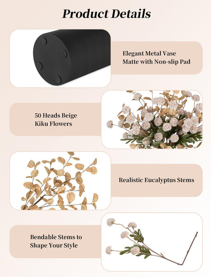 BLOSMON Fake Flowers Centerpieces for Tables: Gifts for Women Metal Vase with 12 Stems of Artificial Mums Kiku Eucalyptuses for Dining Room - Beige Faux Floral Arrangements in vase for Mothers Day