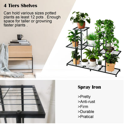 Twhep Metal Plant Stand, 5 Tiers Multifunctional Plant Stands for Indoor Plants, Decorative Black Steel Plant Shelf for Indoor Patio Garden Balcony and Yard (4 tiers 12 pots)