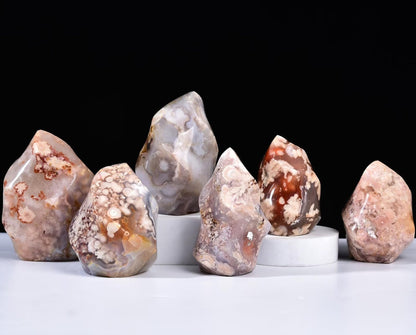 AMOYSTONE Cherry Blossom Agate Flame Shaped Stone Towers Obelisk Flower Agate Natural Healing Crystal Quartz Reiki Energy Decoration Home Office Small 1.0LBS