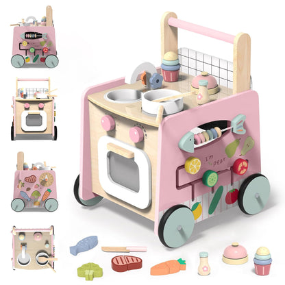 Gigglegems Wooden Baby Walker 4-in-1 with Push Walker Toys, Play Kitchen Accessories, Toddlers Montessori Sensory Toys, Walking Toys for Baby Girls Boys Learning to Walk
