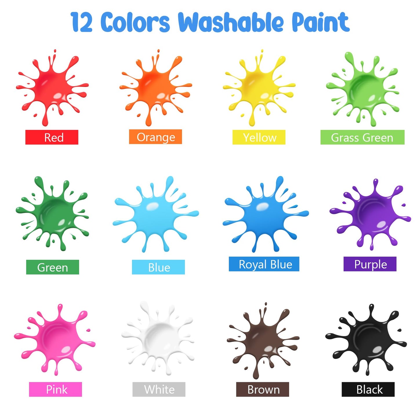 ABEIER Washable Kids Paint, Safe Non-Toxic Finger Paint, 12 Vibrant Colors(2 fl oz) with 3 Paint Brushes, Mess-Free Arts & Crafts Supplies for Toddlers & Grandkids, Ages 3, 4, 5