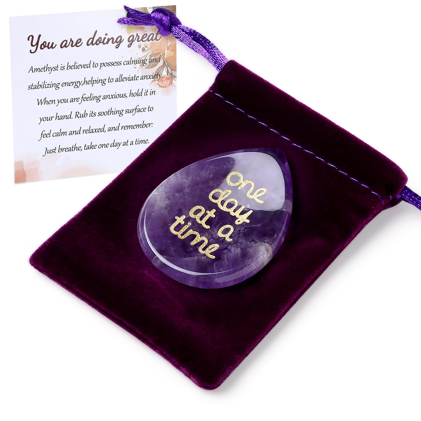 One Day at A Time Amethyst Thumb Worry Stone for Anxiety Crystals Healing Stones Inspirational Stone for Meditation Worry Stones for Stress Relief Sobriety Gifts Thinking of You Gifts for women