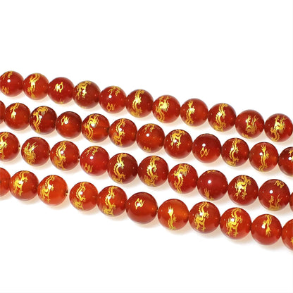 MJDCB Natural Stone Beads 8mm 43pcs Round Red Agate Carved Dragon Loose Gemstone Bead Charms for Jewelry Making Bracelet Necklace Earring Pendant