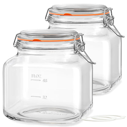 Large Glass Jars with Airtight Lid, 2 Pack Glass Food Storage Jars with 2 Scale Marks, Square Glass Canisters for Flour, Cereal, Coffee, Pasta, Cookies, Pickle, 0.6 Gallon Wide Mouth Mason Jars