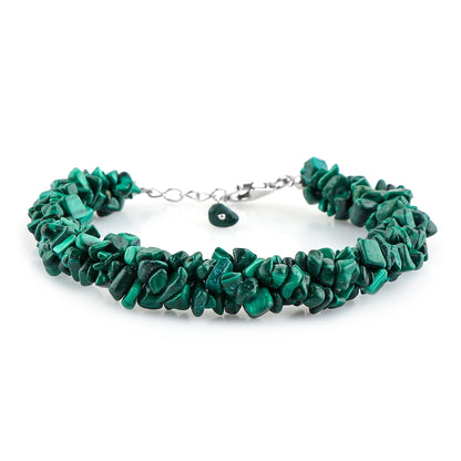 CRYSTALIS Natural Malachite Beads Braided Rope Bracelet, Chips Nuggets Beaded Gemstones, Chakra Healing Stones, Gift Giving Womens Jewelry, 925 Sterling Silver Bracelet 8 inch